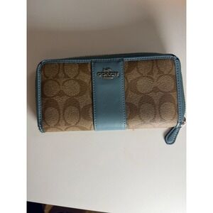 Coach Signature Canvas Accordion Zip Wallet Brown Blue F54630
